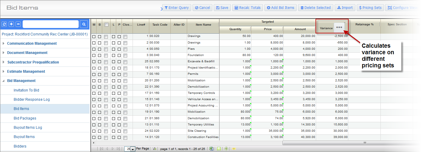 Screenshot of Bid Items with Variance Column highlighted