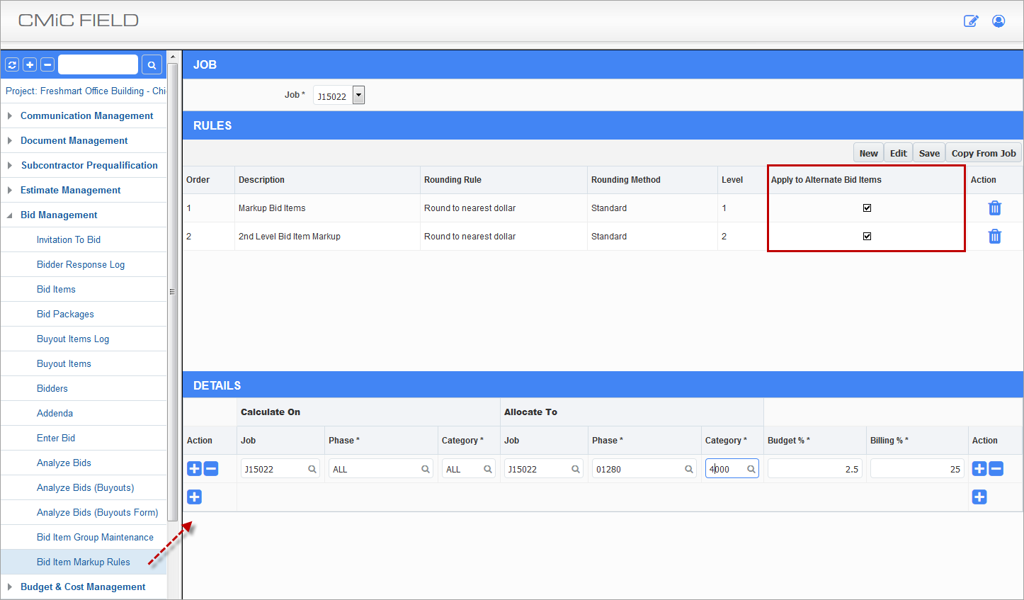 Screenshot of Bid Item Markups