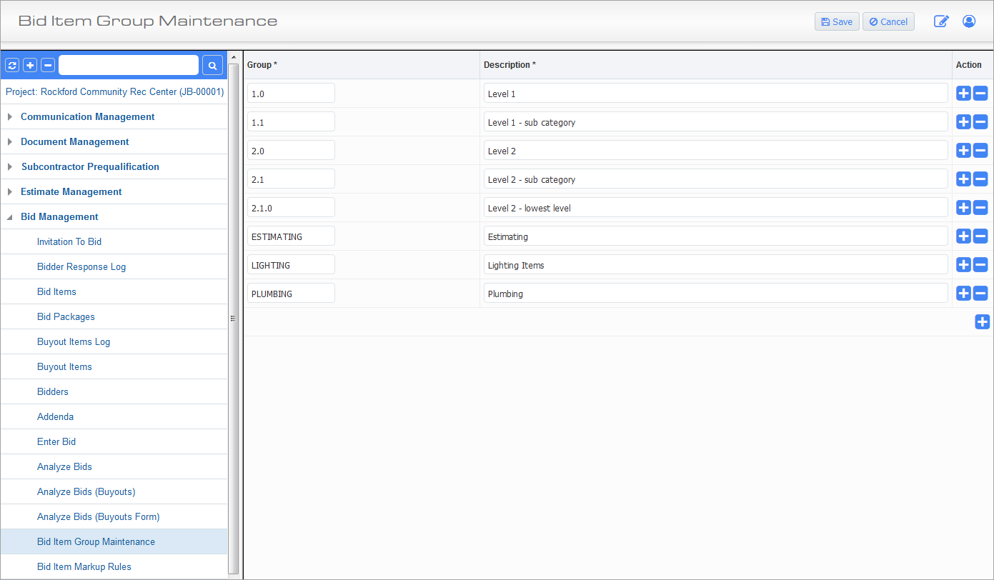 Screenshot of  Bid Item Group Maintenance