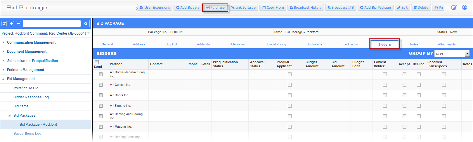 Screenshot of Bid Package