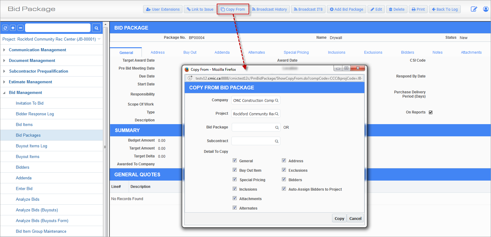 Pop-up window launched from [Copy From] button on Bid Package Screen