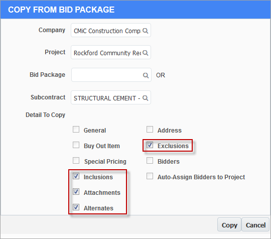 Screenshot of Copy from Bid Package