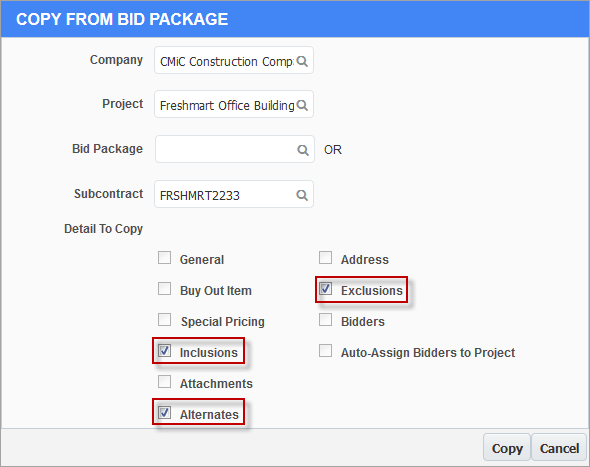 Screenshot of Copy from Bid Package