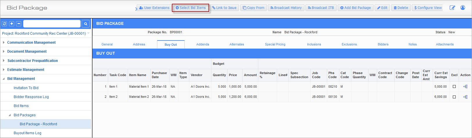 Screenshot of Bid Package