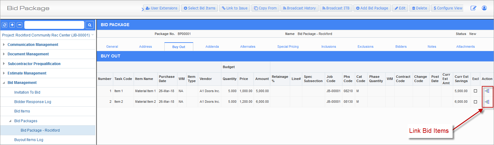 Screenshot of Bid Package