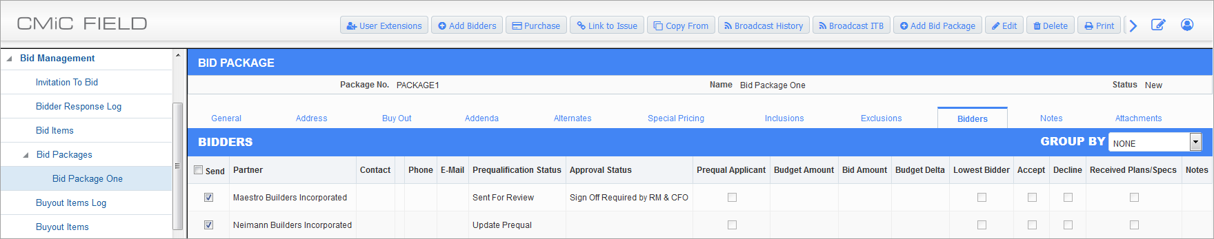 Screenshot of Bid Package - Bidders tab