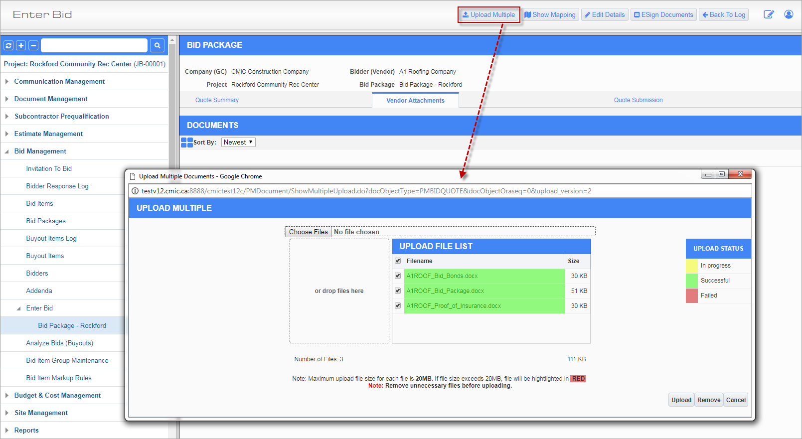 Example of uploading Document(s) using the [Upload Multiple] button