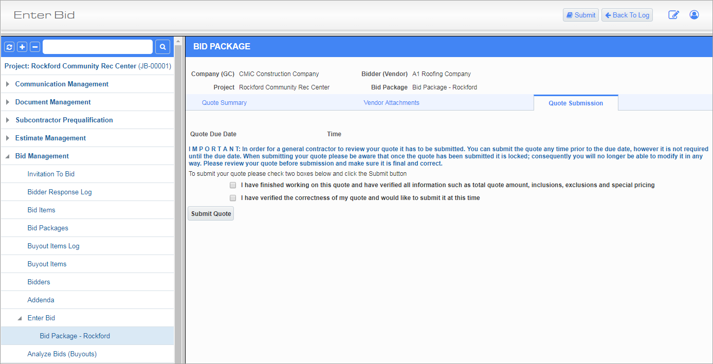 Screenshot of Quote Submission tab