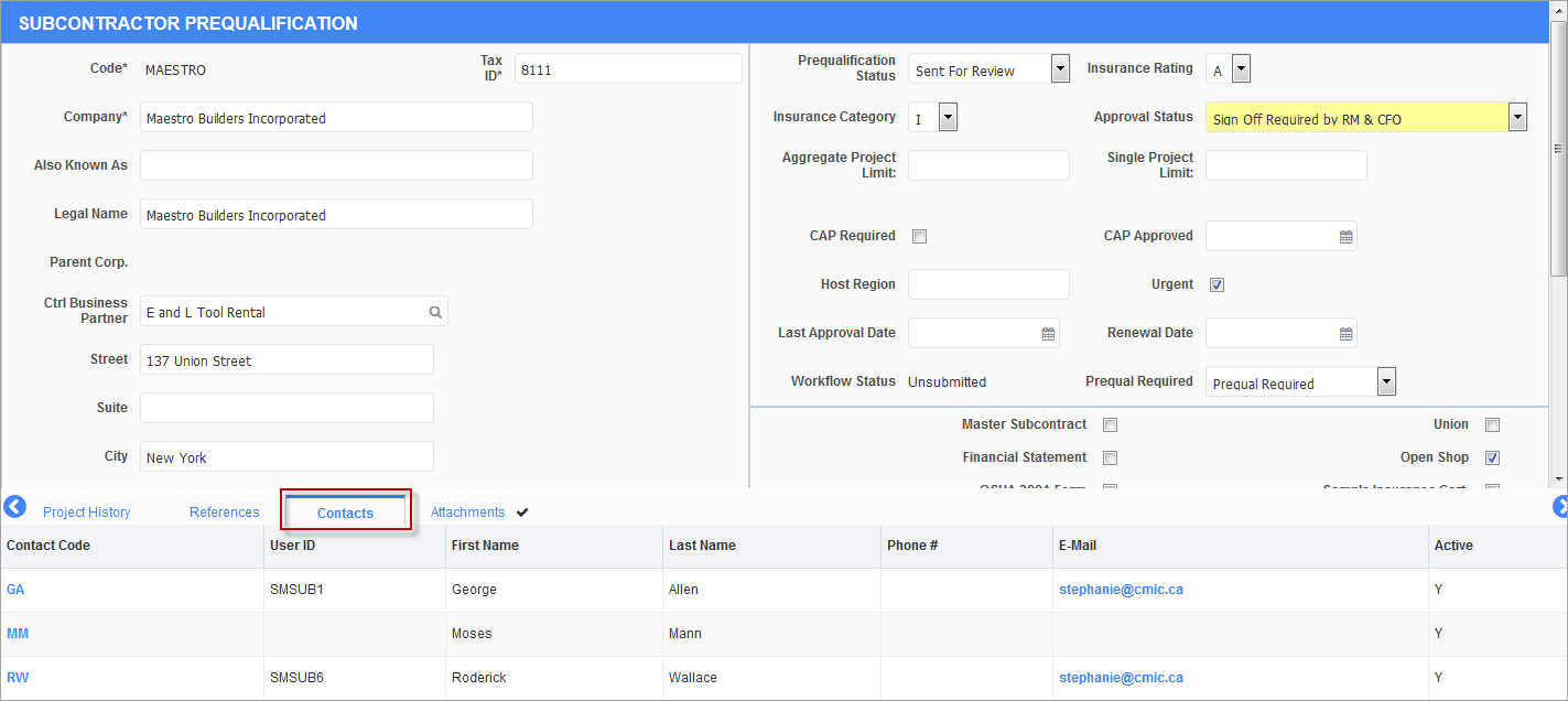 Screenshot of Subcontractor Prequal