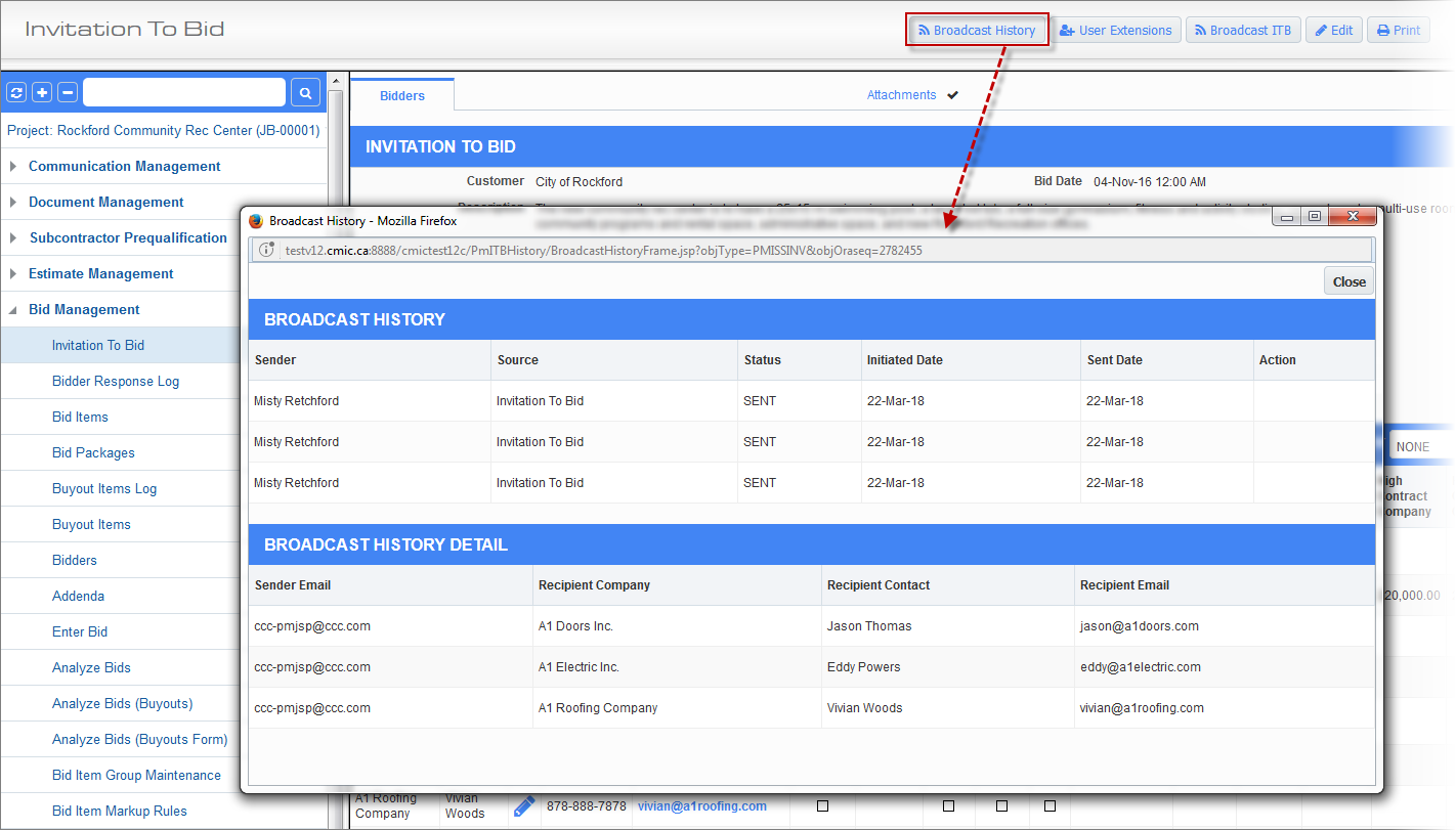 Screenshot of pop-up window launched from [Broadcast History] button on the Invitation To Bid screen