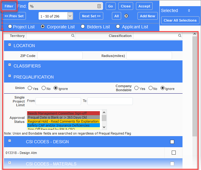 Screenshot of Additional bidder selection options activated by [Filter] button 