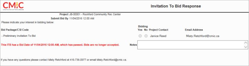 Image of Invitation to Bid response