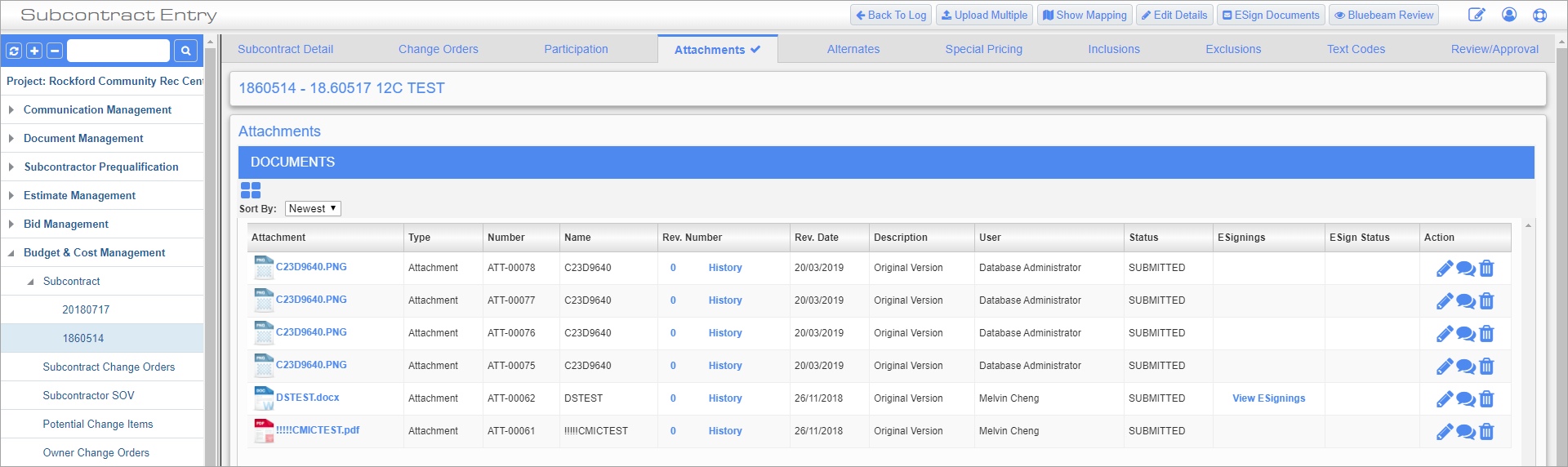 Screenshot of Subcontracts – Attachments tab