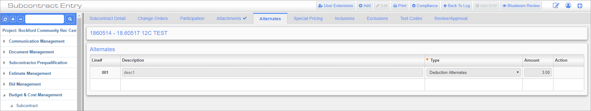 Screenshot of Subcontracts – Alternates tab