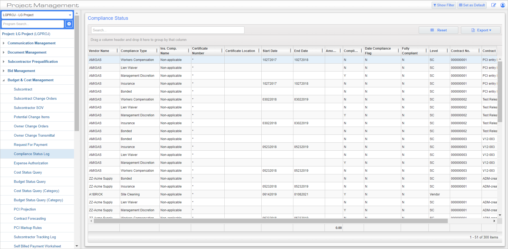 Screenshot of Compliance Status Log