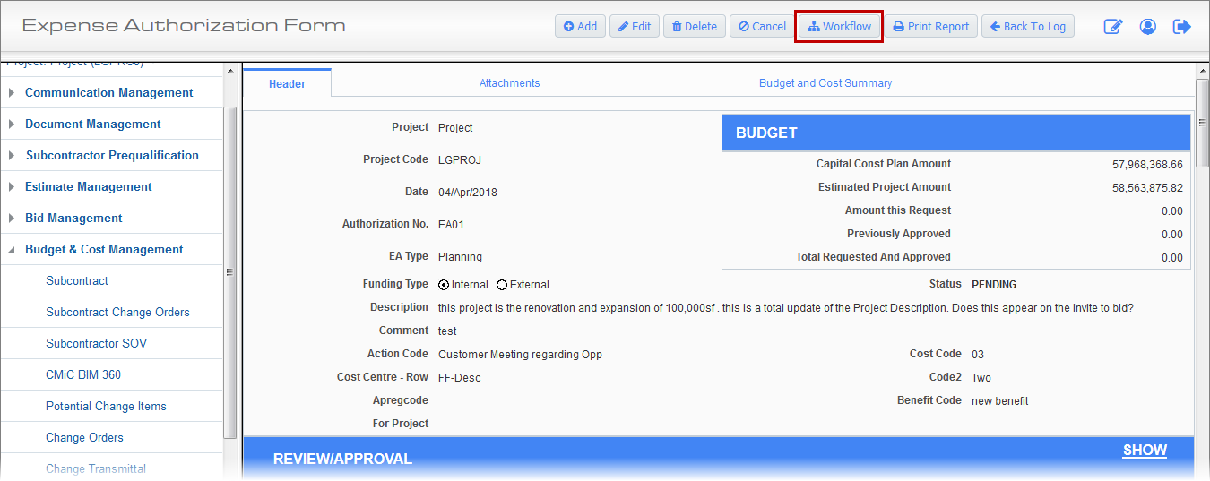 Screenshot of Expense Authorization with [Workflow] button highlighted