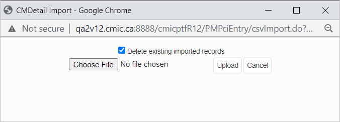 Screenshot of CMDetail Import pop-up screen