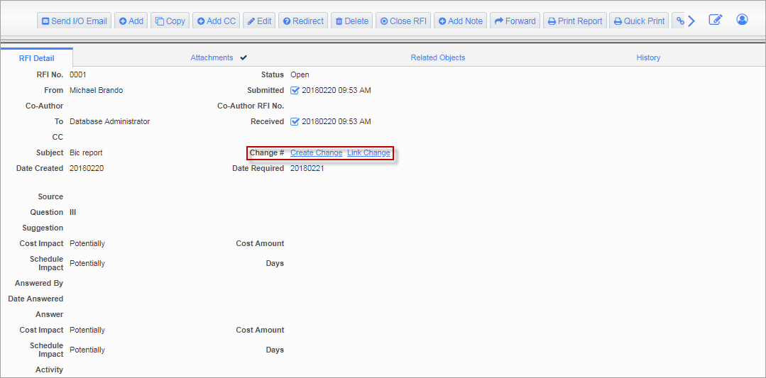 Example of RFI showing ‘Create Change’ and ‘Link Change’ links 