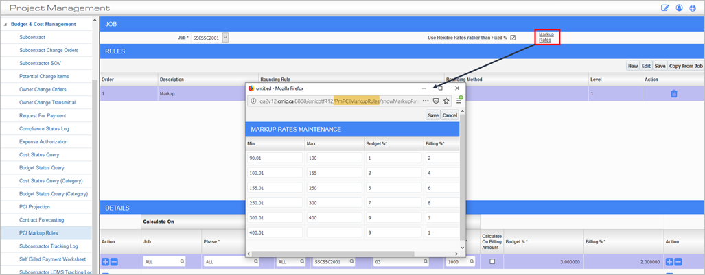 Screenshot of PCI Markup Rules with Markup Rates link