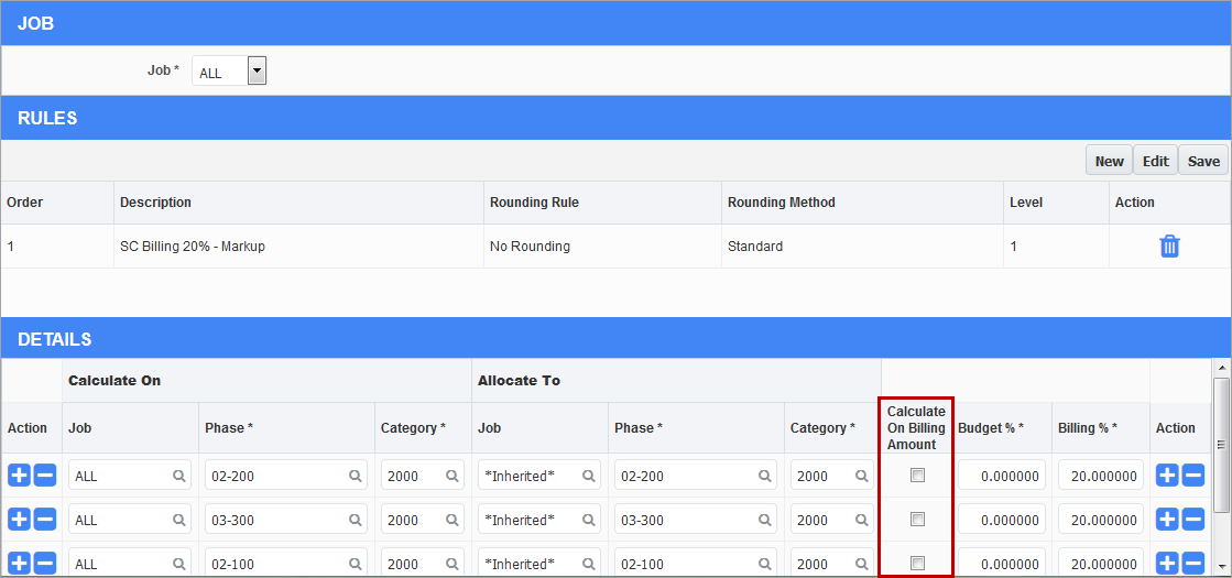 Screenshot of PCI Markup Rules Detail section with Calculate Markup on Billing Amount column