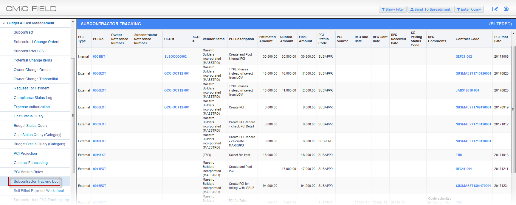 Screenshot of Subcontractor Tracking Log