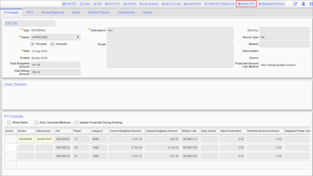 Screenshot with [Modify PCI] – Button 
