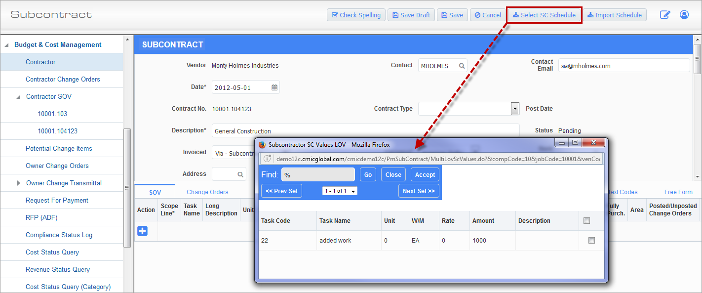 Screenshot of Subcontract with Select SC Schedule button