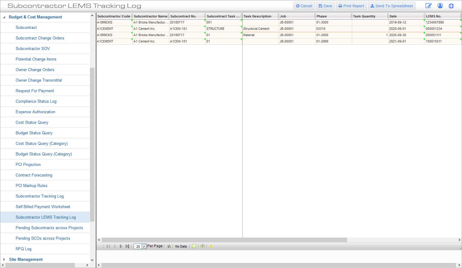 Screenshot of Subcontractor LEMS Tracking Log
