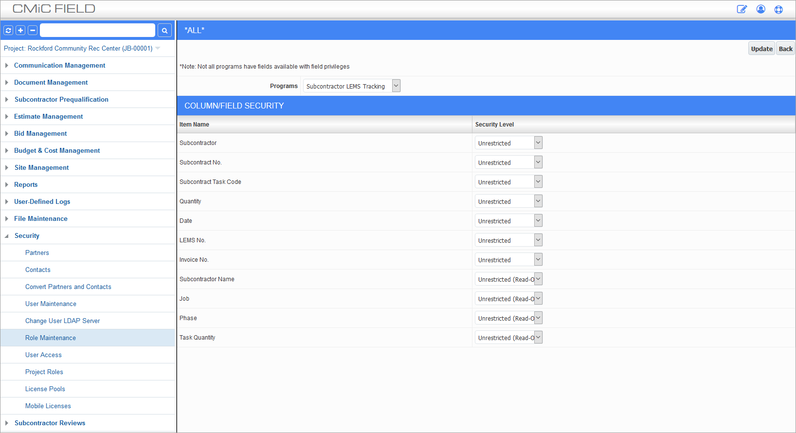 Screenshot of Role Maintenance - assigning privileges