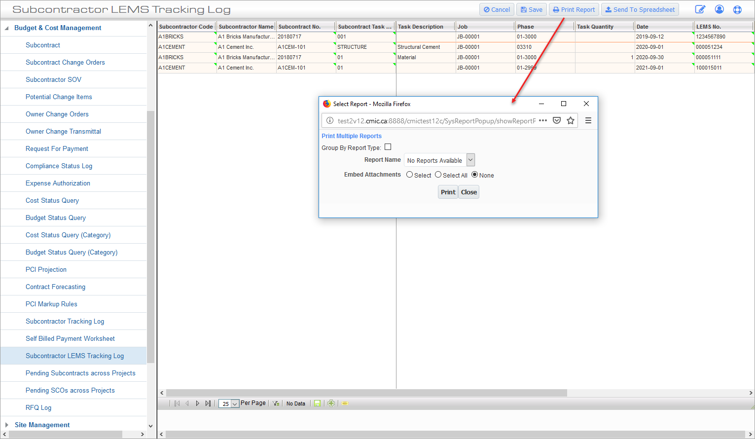 Screenshot of Subcontractor LEMS Tracking Log – [Print Report] button
