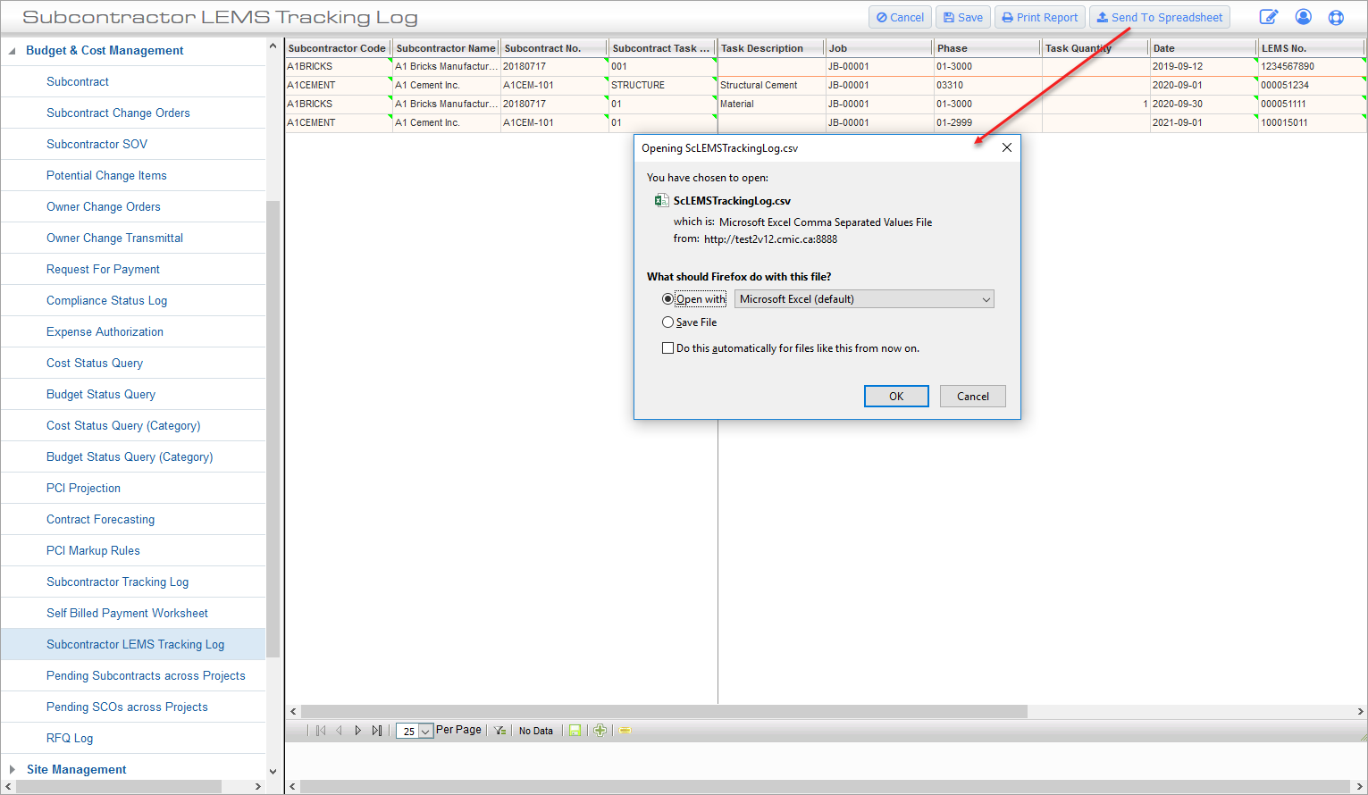 Screenshot of Subcontractor LEMS Tracking Log; standard Treeview path: CMiC Field > Budget & Cost Maintenance > Subcontractor LEMS Tracking Log – [Send To Spreadsheet] button