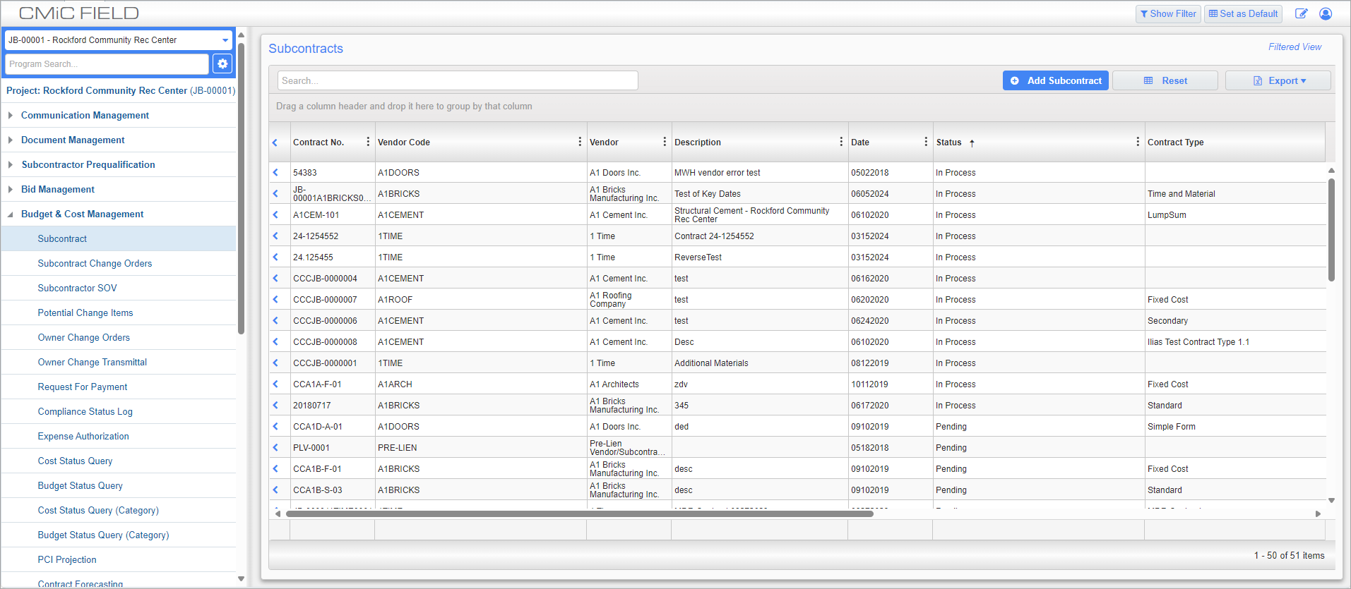 Screenshot of Subcontracts