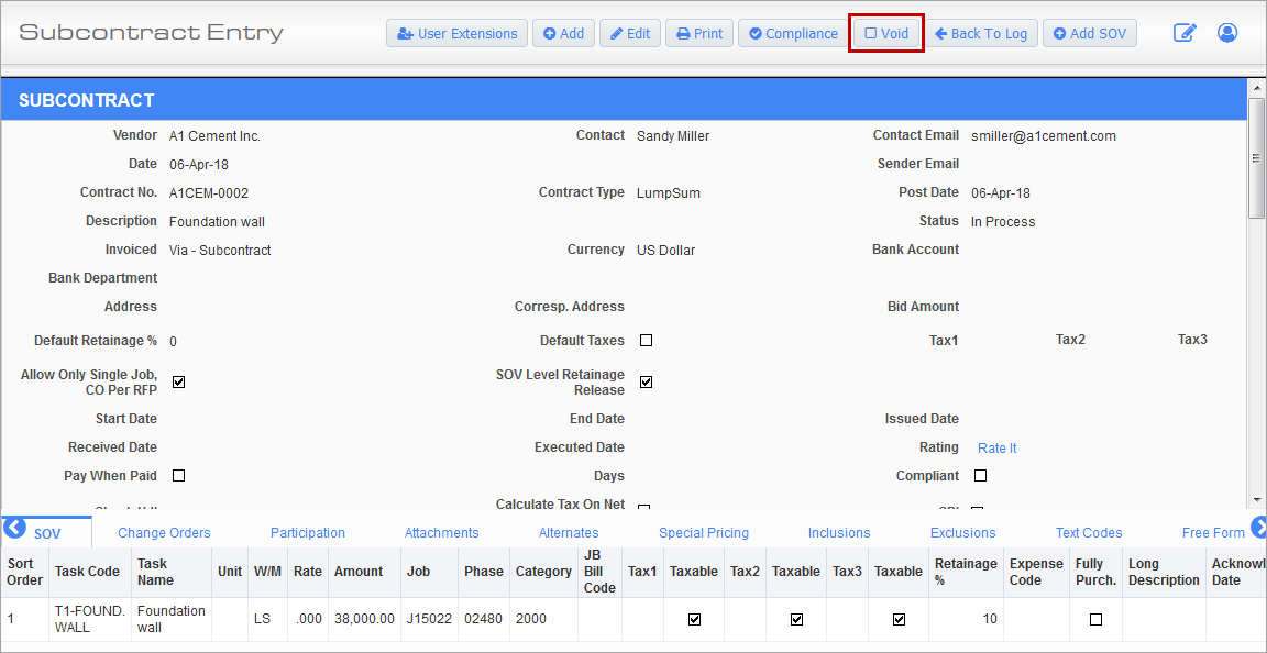 Screenshot of Subcontract Entry with Void button highlighted