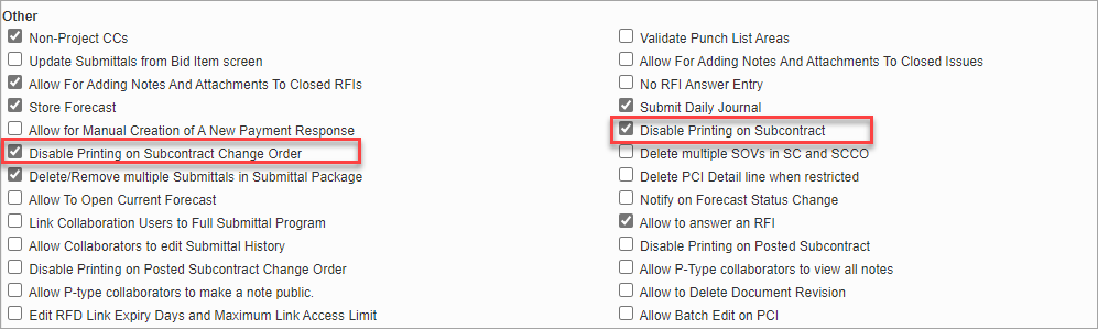 CMiC Field - Disable Printing for Subcontracts & Subcontract Change Orders