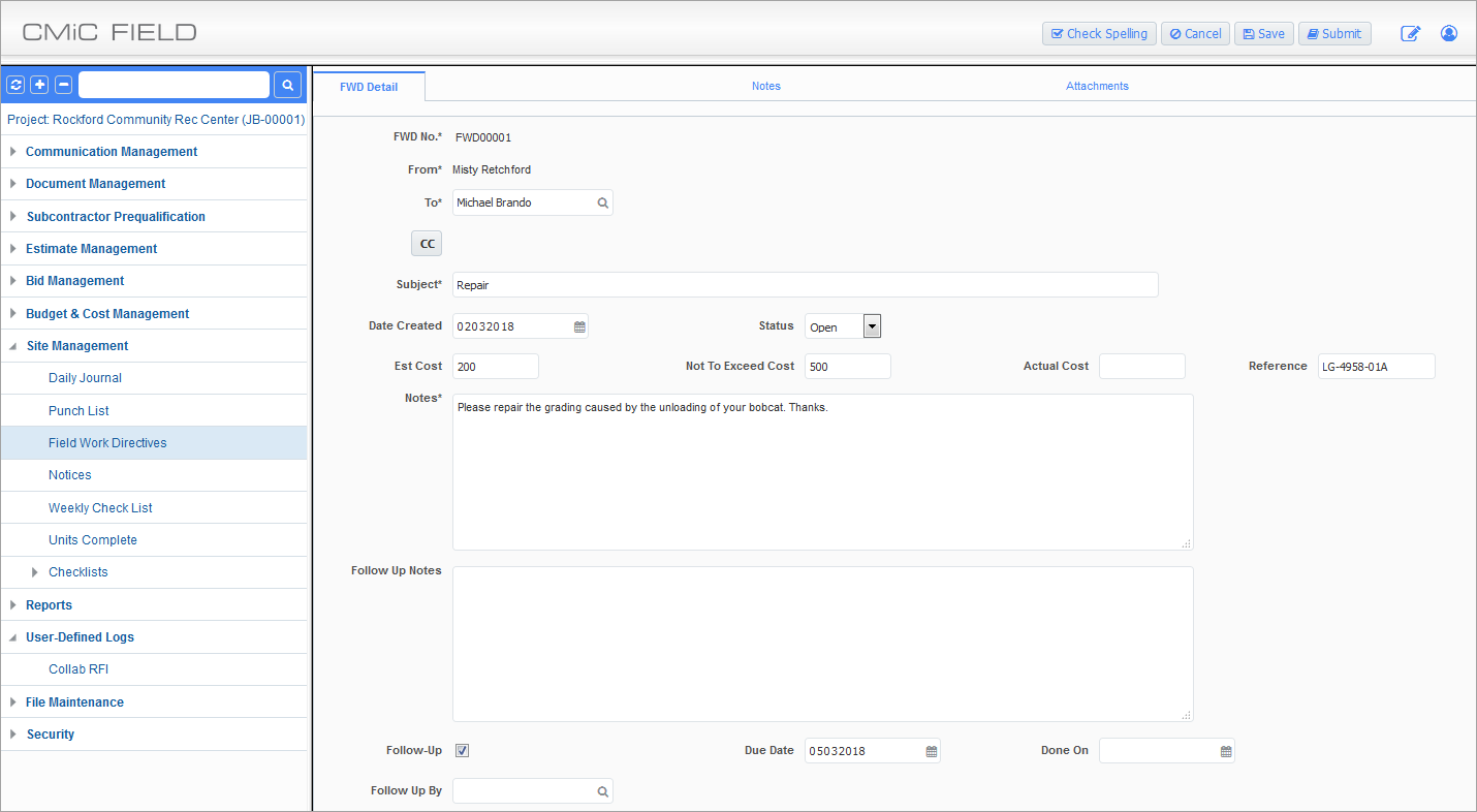 Screenshot of Field Work Directives – FWD Detail tab