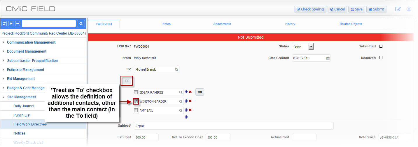 Example of Treat as To checkbox on the Field Work Directives screen