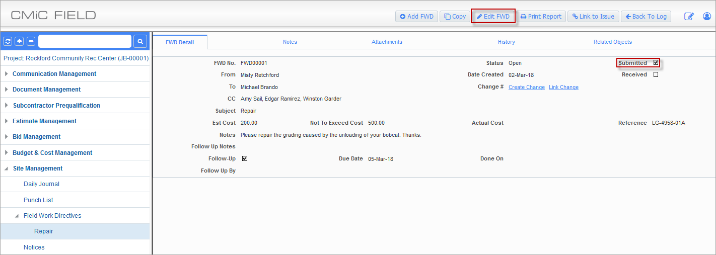 Example of a Submitted Field Work Directive
