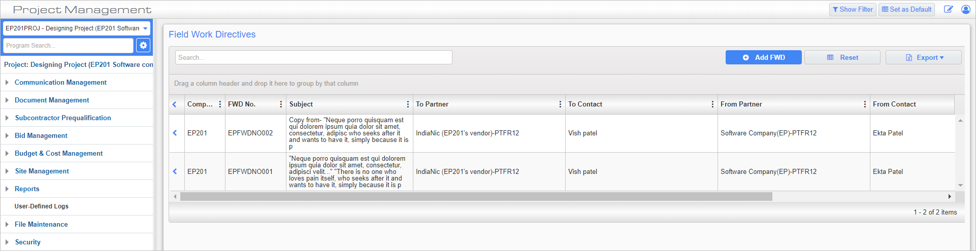 Screenshot of Field Work Directives