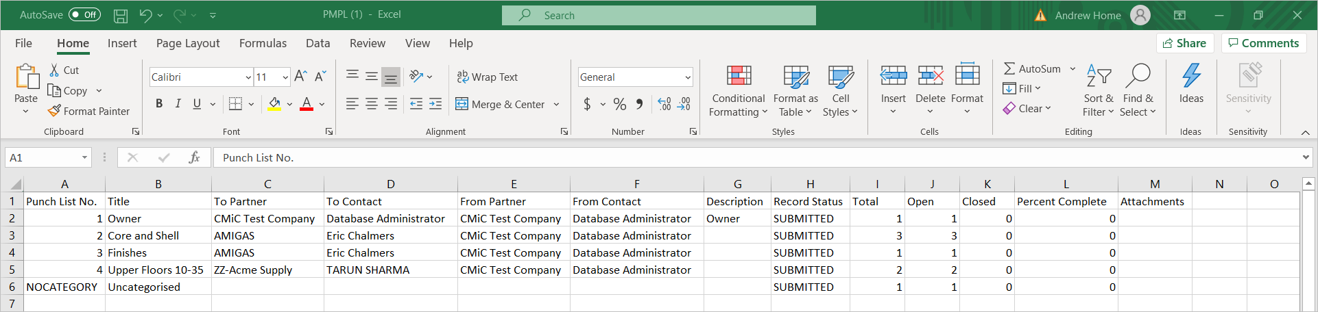An example of a CSV file generated by the [Export] button on the Punch List screen