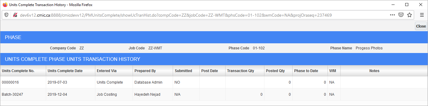 Screenshot of Units Complete Transaction History pop-up window