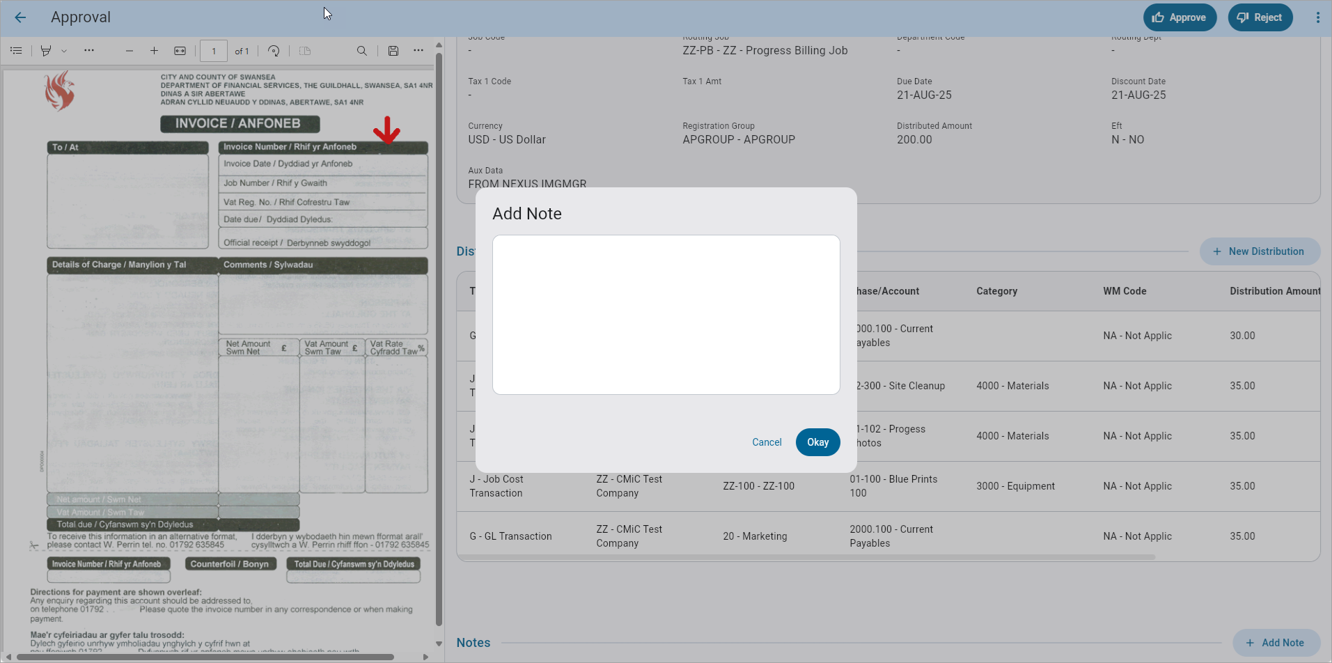 Screenshot of the Add Note pop-up window