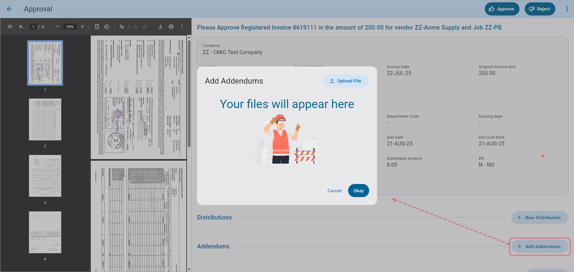 Screenshot of the Add Addendums pop-up window
