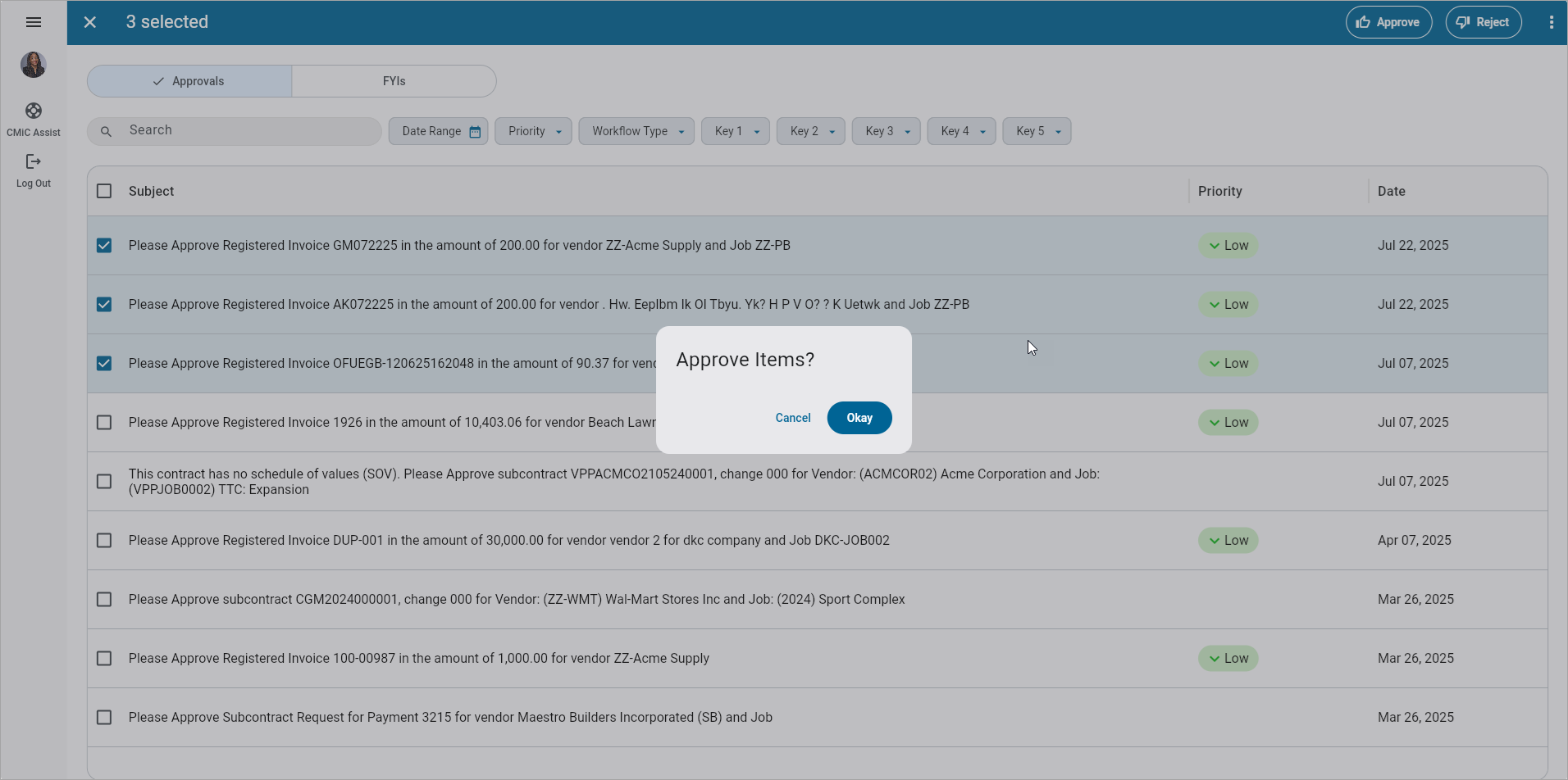 Screenshot of batch approvals