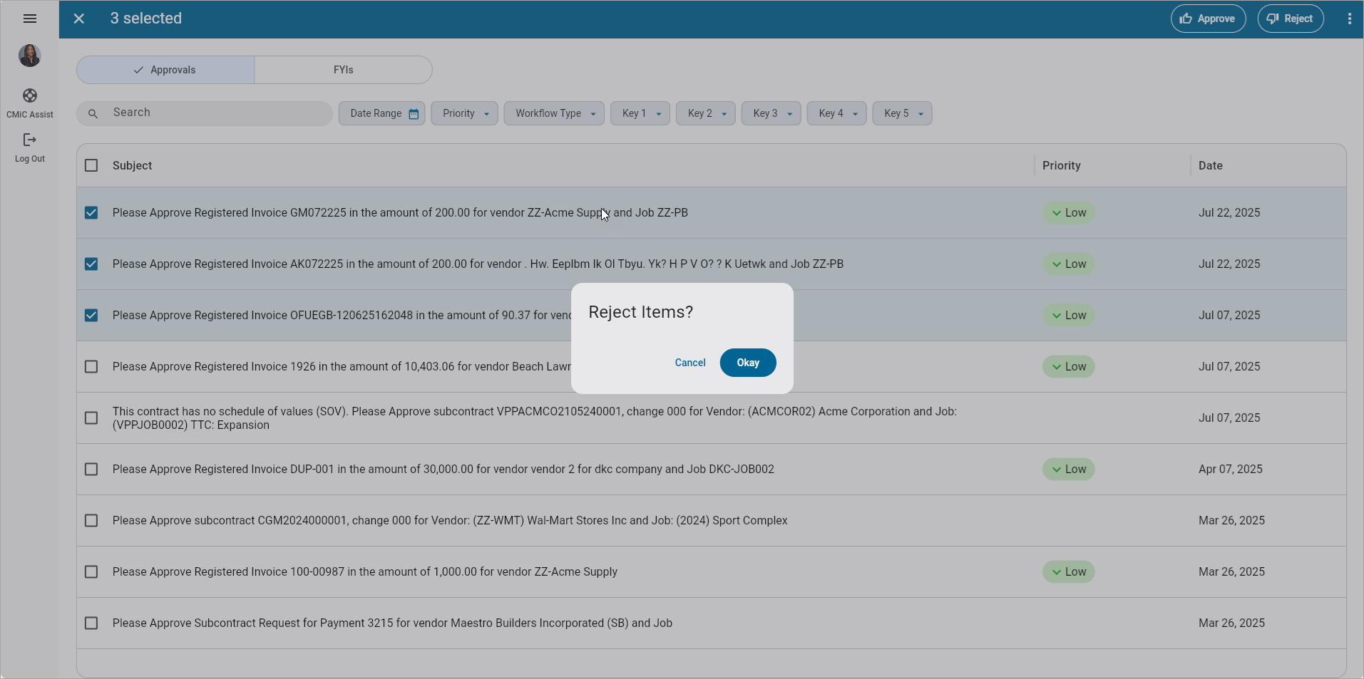 Screenshot of batch rejections