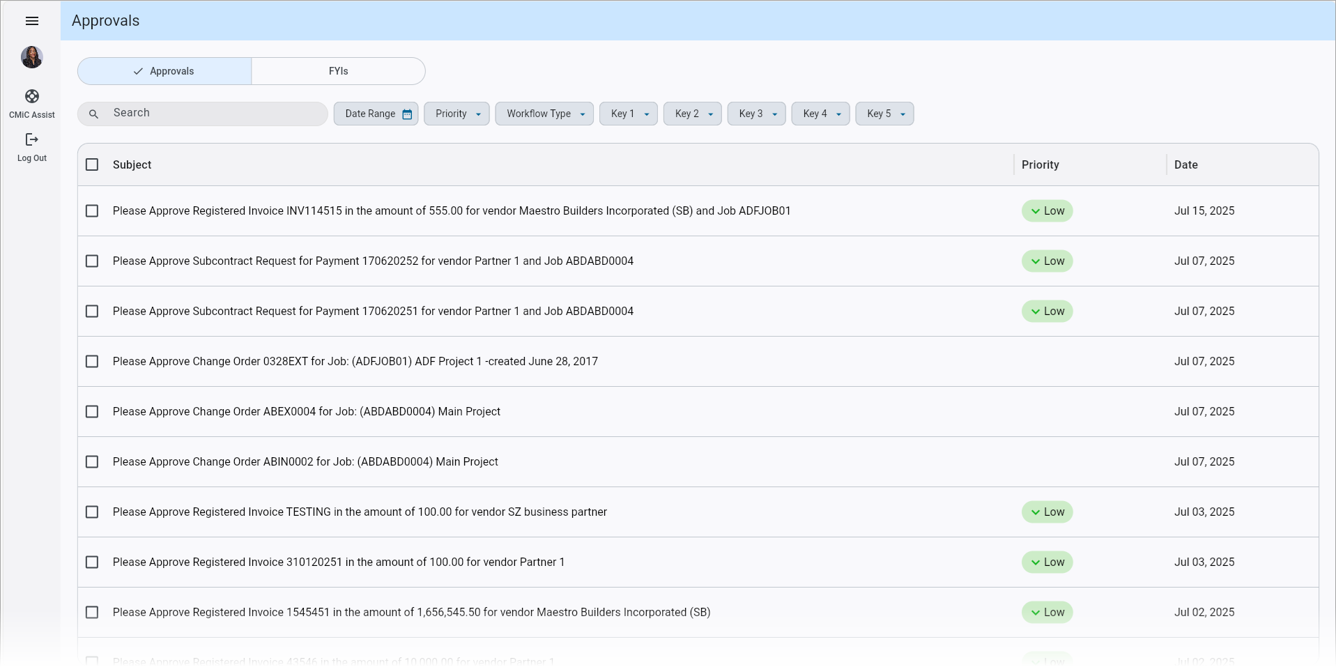 Screenshot of the Approvals List on the Main Screen