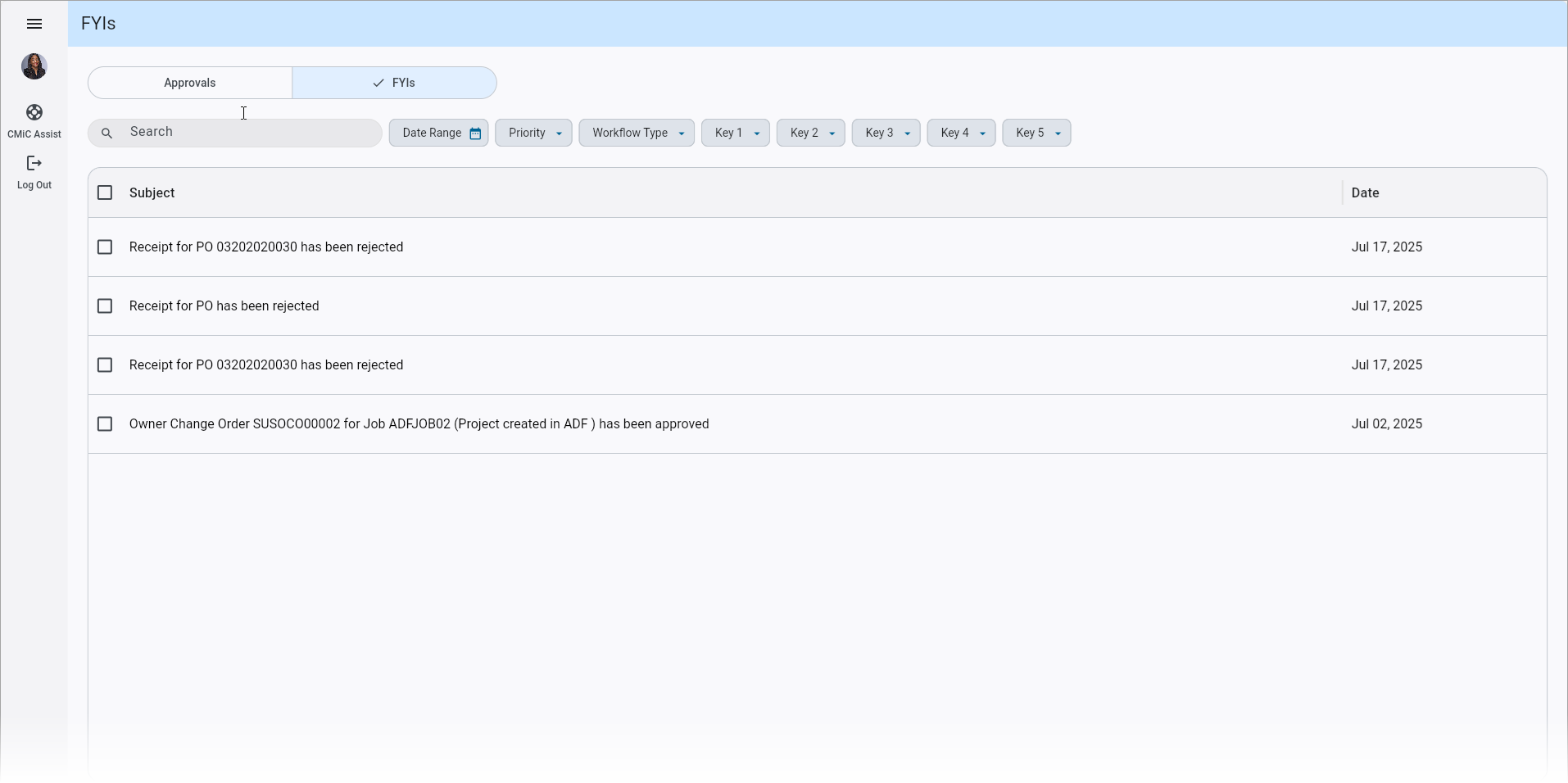 Screenshot of the FYI List on the Main Screen