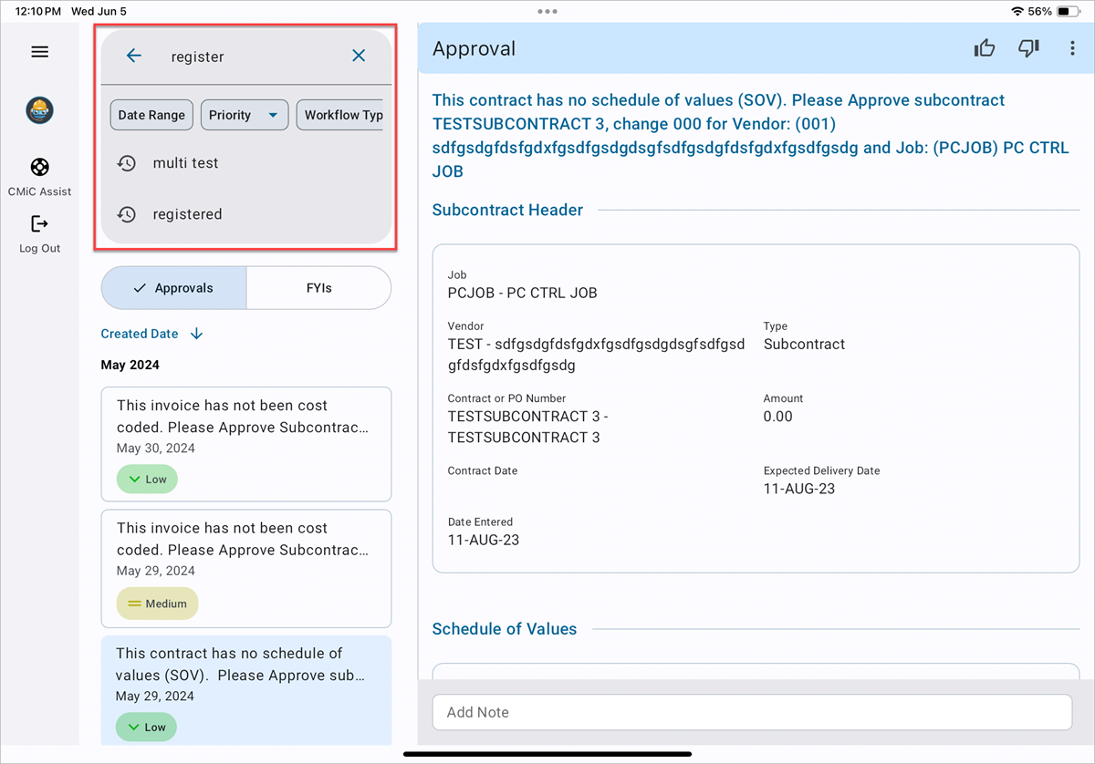 Search bar on the Construct APR app
