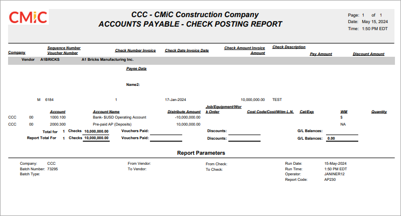 Sample AP230 report