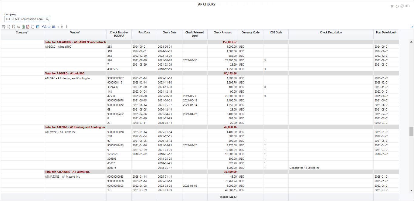 Screenshot of AP Checks BI Query.