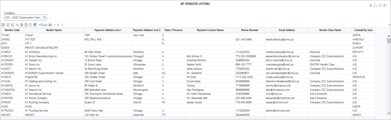 Screenshot of AP Vendor Listing BI Query.